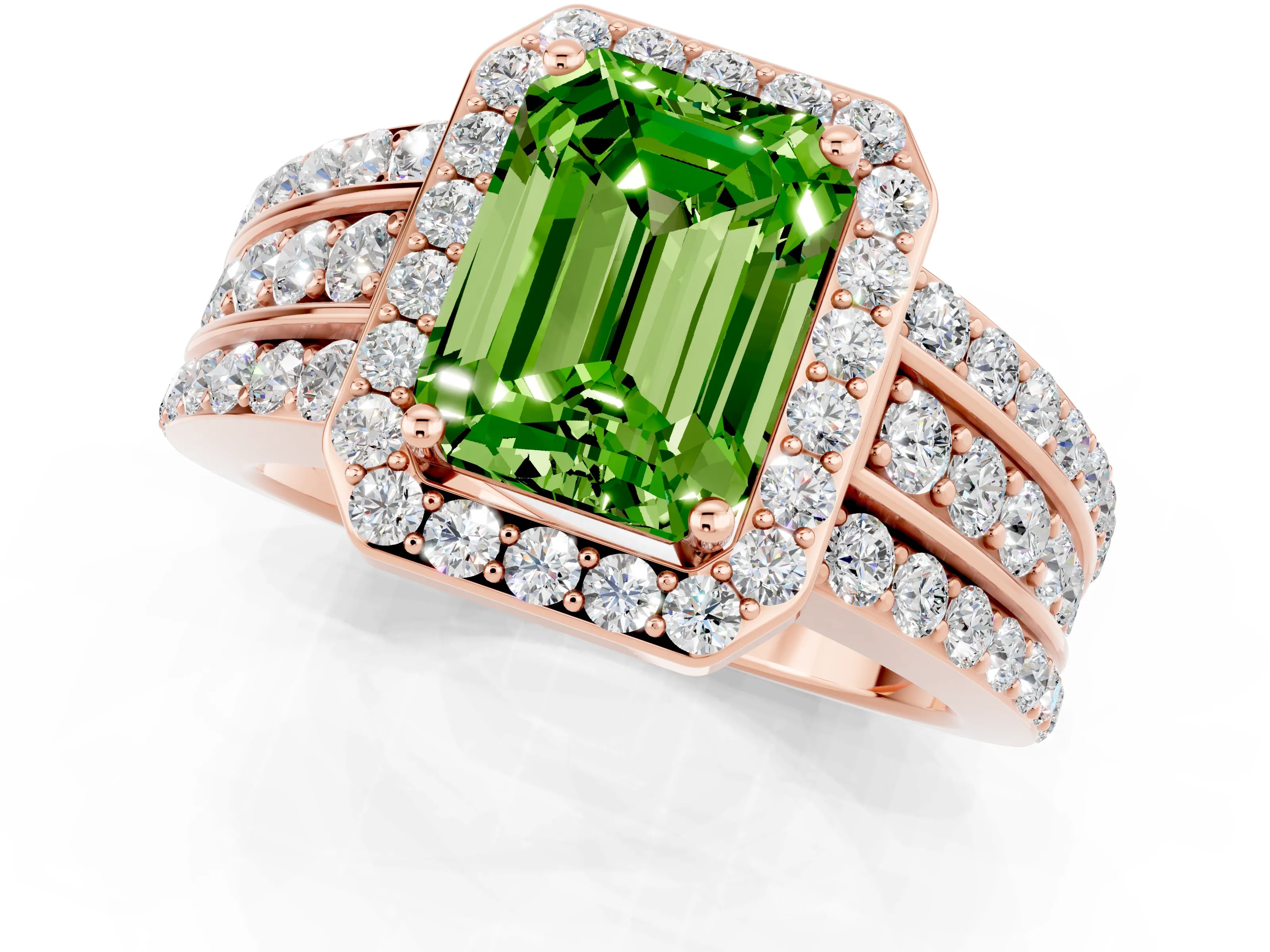 Rose gold Emerald Cut Halo Peridot Ring with Split Shank and Four-Prong Setting_1