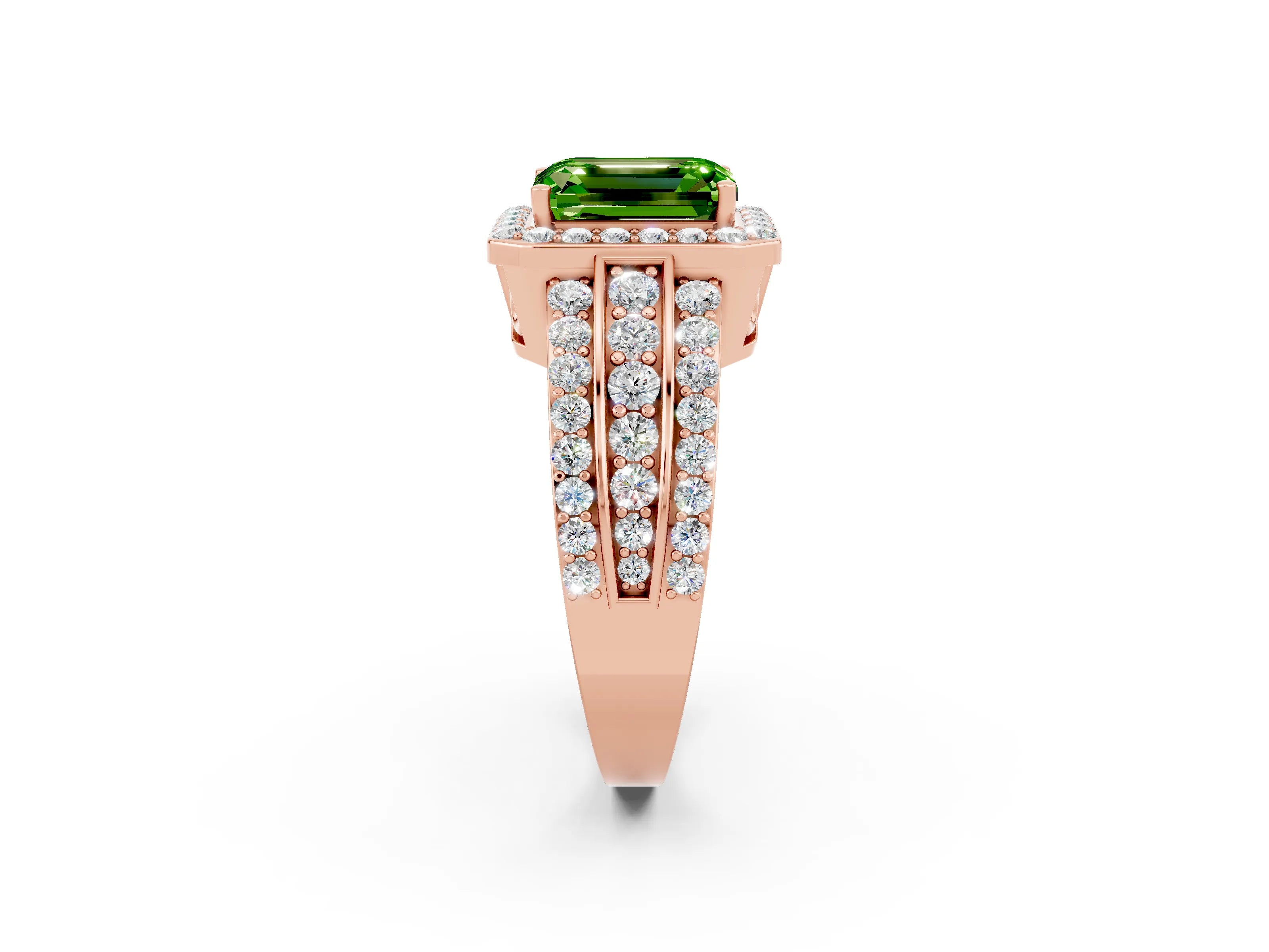 Rose gold Emerald Cut Halo Peridot Ring with Split Shank and Four-Prong Setting_2