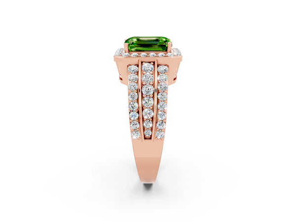 Rose gold Emerald Cut Halo Peridot Ring with Round  Split Shank and Prong Setting