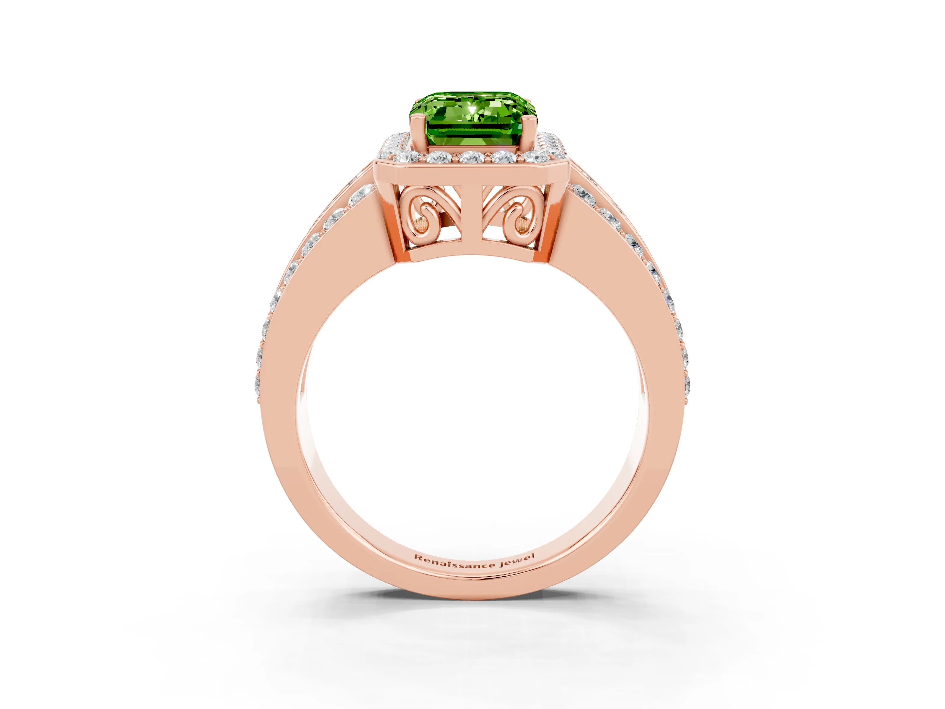 Rose gold Emerald Cut Halo Peridot Ring with Split Shank and Four-Prong Setting_3