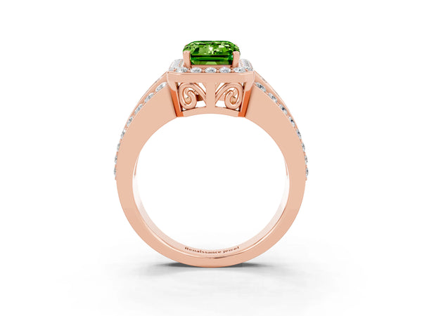 Rose gold Emerald Cut Halo Peridot Ring with Round  Split Shank and Prong Setting