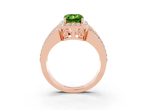 Rose gold Emerald Cut Halo Peridot Ring with Split Shank and Four-Prong Setting_3