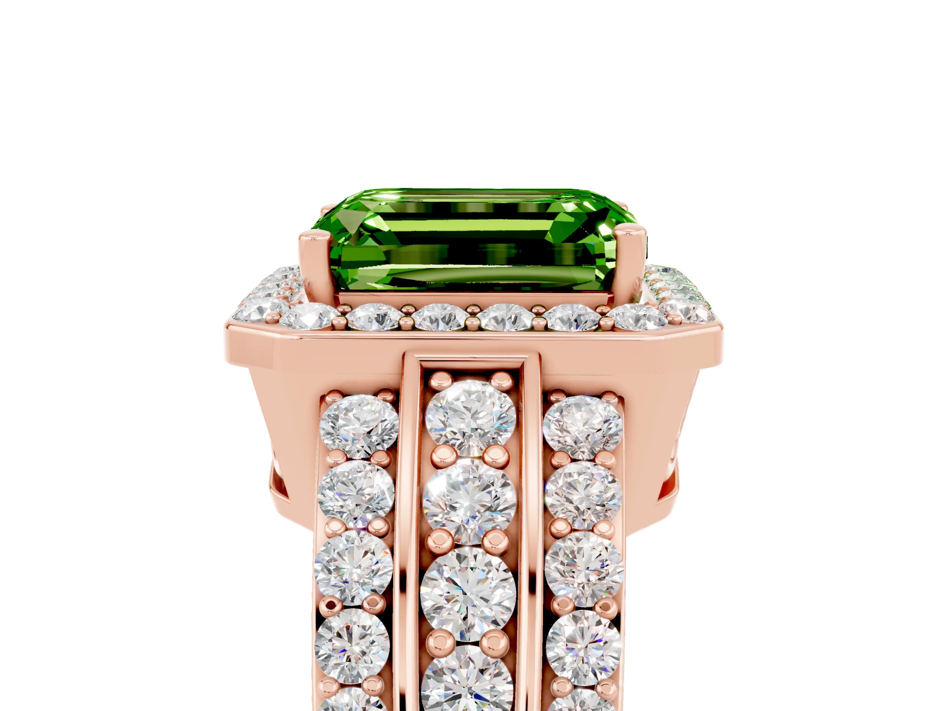Rose gold Emerald Cut Halo Peridot Ring with Split Shank and Four-Prong Setting_5