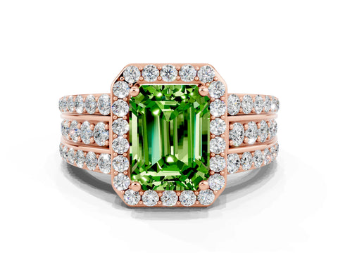 Rose gold Emerald Cut Halo Peridot Ring with Split Shank and Four-Prong Setting