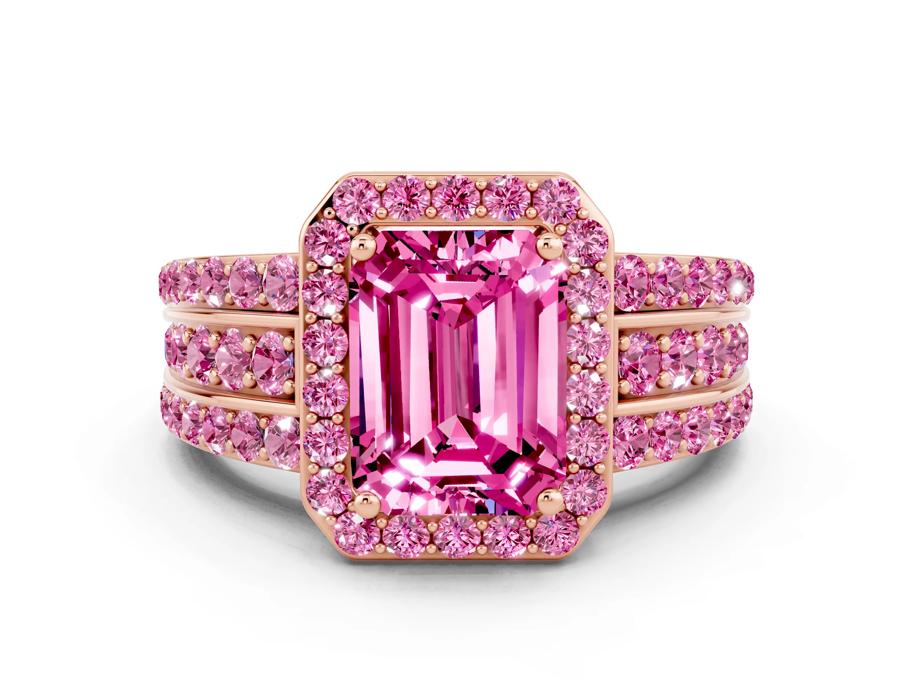 Rose gold Emerald Cut Halo Pink Sapphire Ring with Split Shank and Four-Prong Setting
