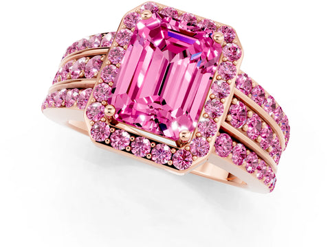 Rose gold Emerald Cut Halo Pink Sapphire Ring with Split Shank and Four-Prong Setting_1