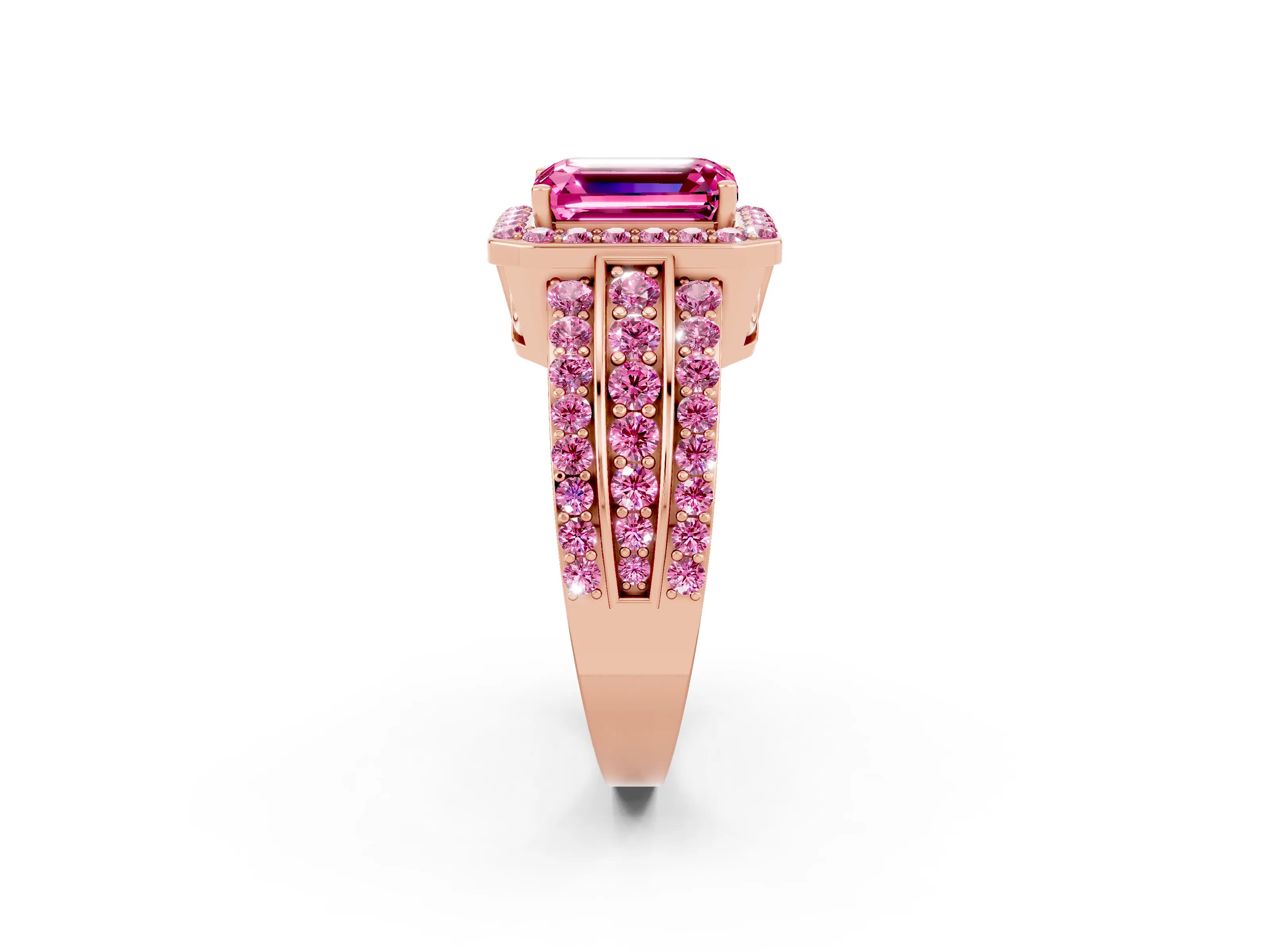 Rose gold Emerald Cut Halo Pink Sapphire Ring with Split Shank and Four-Prong Setting_2