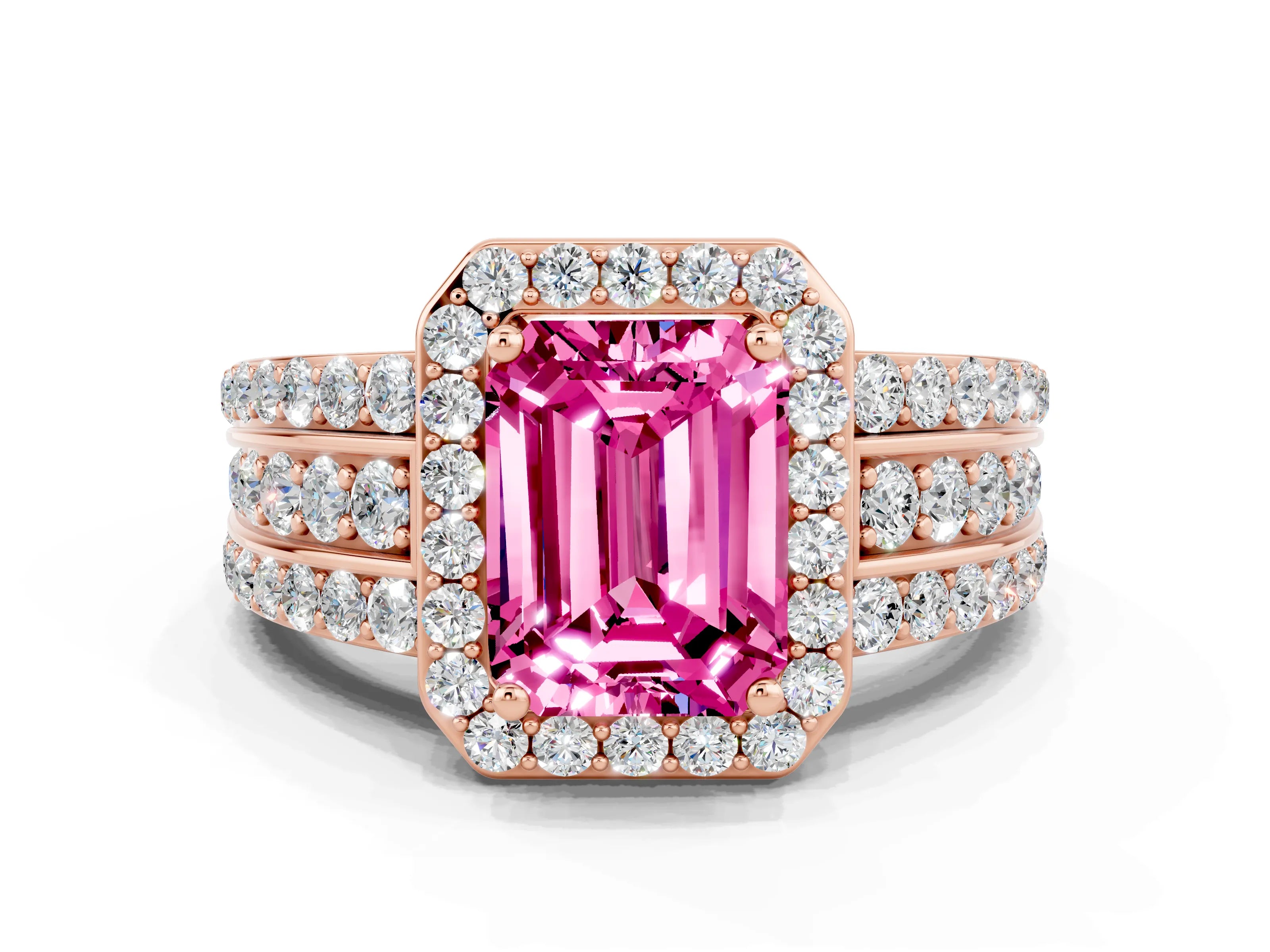 Rose gold Emerald Cut Halo Pink Sapphire Ring with Split Shank and Four-Prong Setting_24