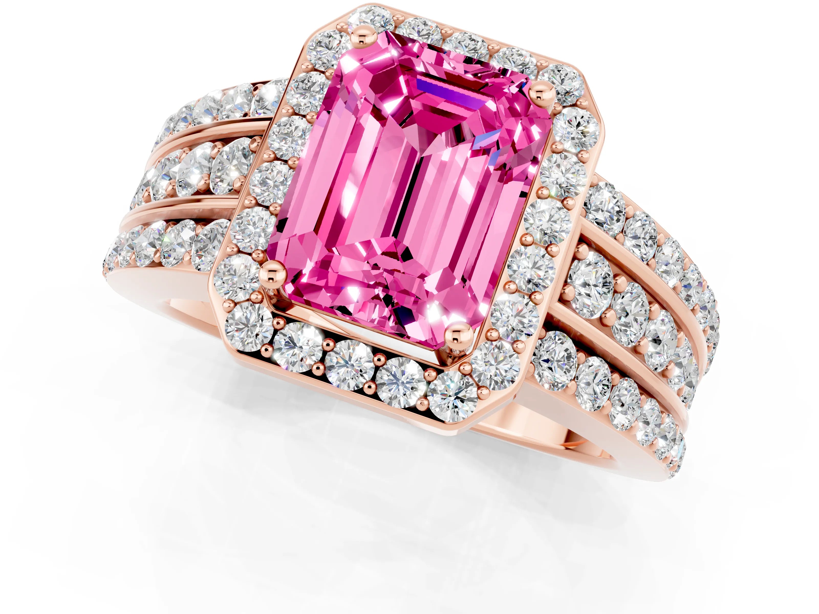 Rose gold Emerald Cut Halo Pink Sapphire Ring with Split Shank and Four-Prong Setting_25