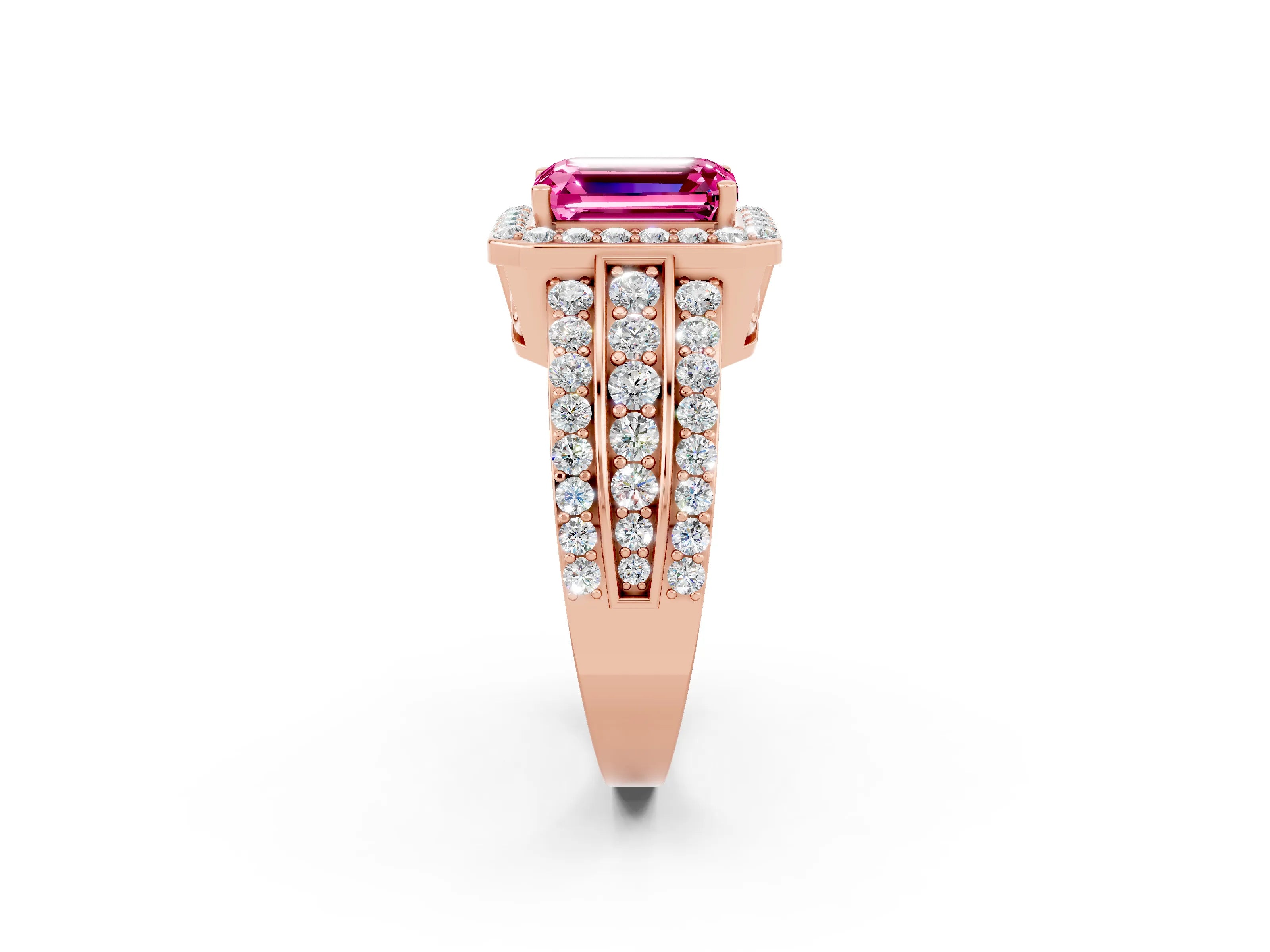 Rose gold Emerald Cut Halo Pink Sapphire Ring with Split Shank and Four-Prong Setting_26