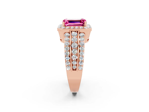 Rose gold Emerald Cut Halo Pink Sapphire Ring with Round  Split Shank and Prong Setting