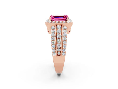 Rose gold Emerald Cut Halo Pink Sapphire Ring with Split Shank and Four-Prong Setting_26
