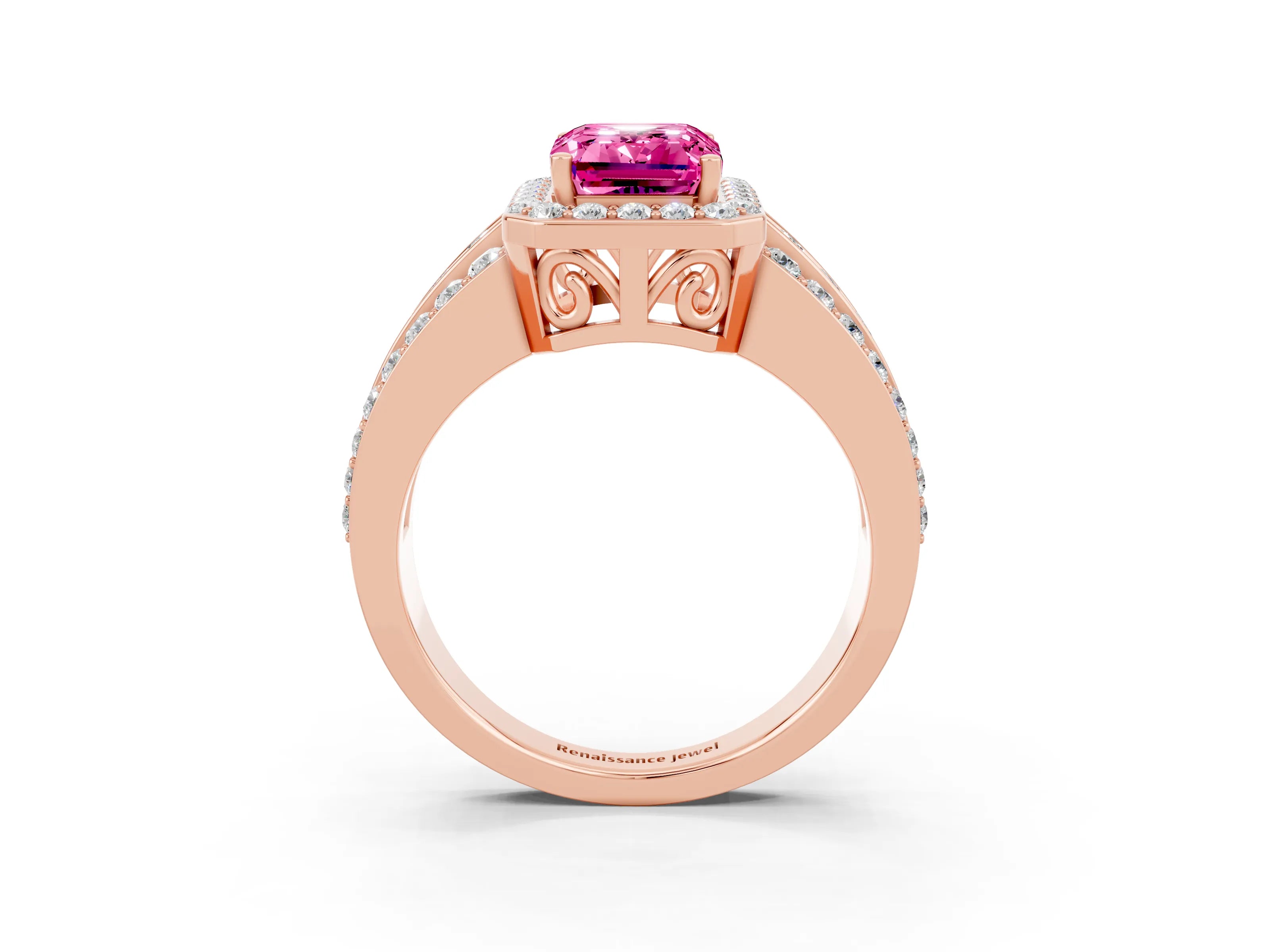 Rose gold Emerald Cut Halo Pink Sapphire Ring with Split Shank and Four-Prong Setting_27