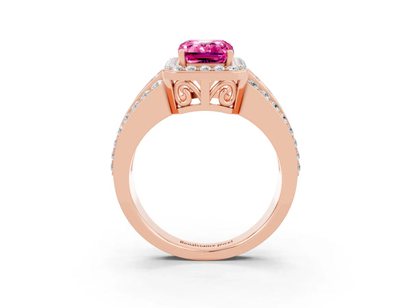 Rose gold Emerald Cut Halo Pink Sapphire Ring with Round  Split Shank and Prong Setting