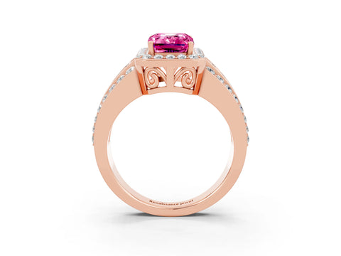 Rose gold Emerald Cut Halo Pink Sapphire Ring with Split Shank and Four-Prong Setting_27