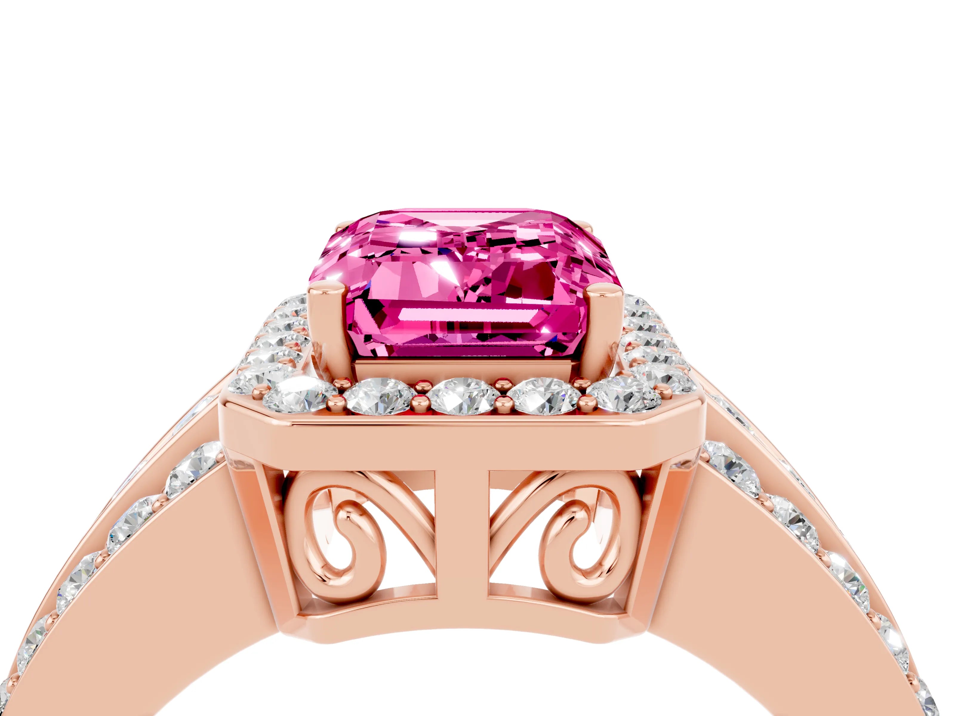 Rose gold Emerald Cut Halo Pink Sapphire Ring with Split Shank and Four-Prong Setting_28