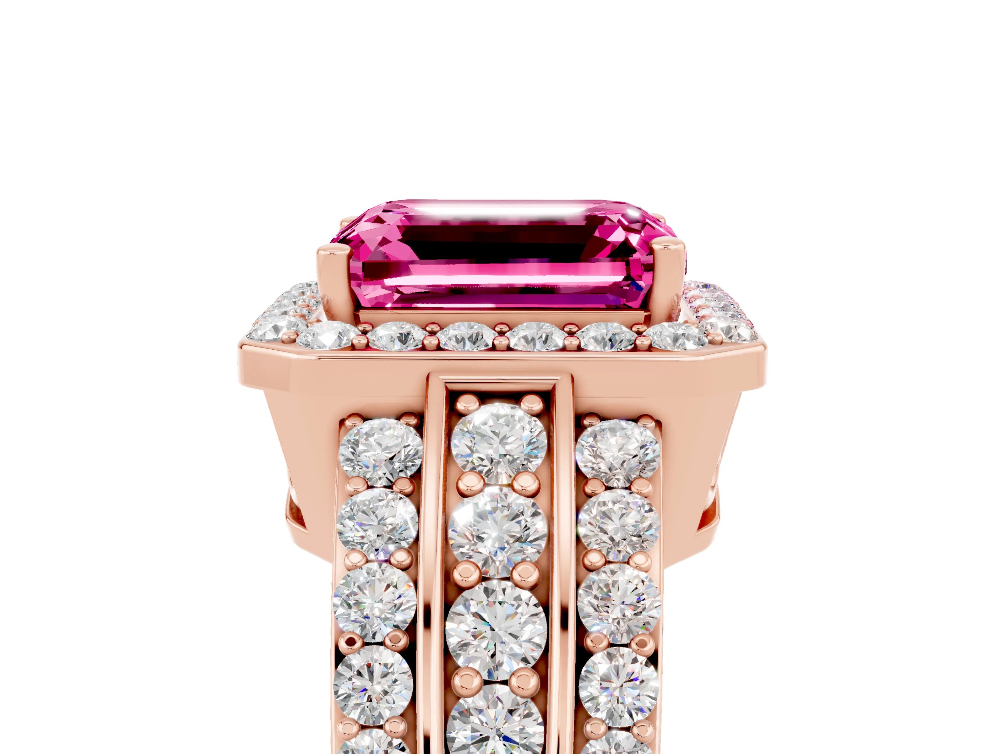 Rose gold Emerald Cut Halo Pink Sapphire Ring with Split Shank and Four-Prong Setting_29