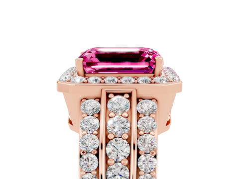 Rose gold Emerald Cut Halo Pink Sapphire Ring with Split Shank and Four-Prong Setting_29
