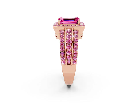 Rose gold Emerald Cut Halo Pink Sapphire Ring with Split Shank and Four-Prong Setting_2