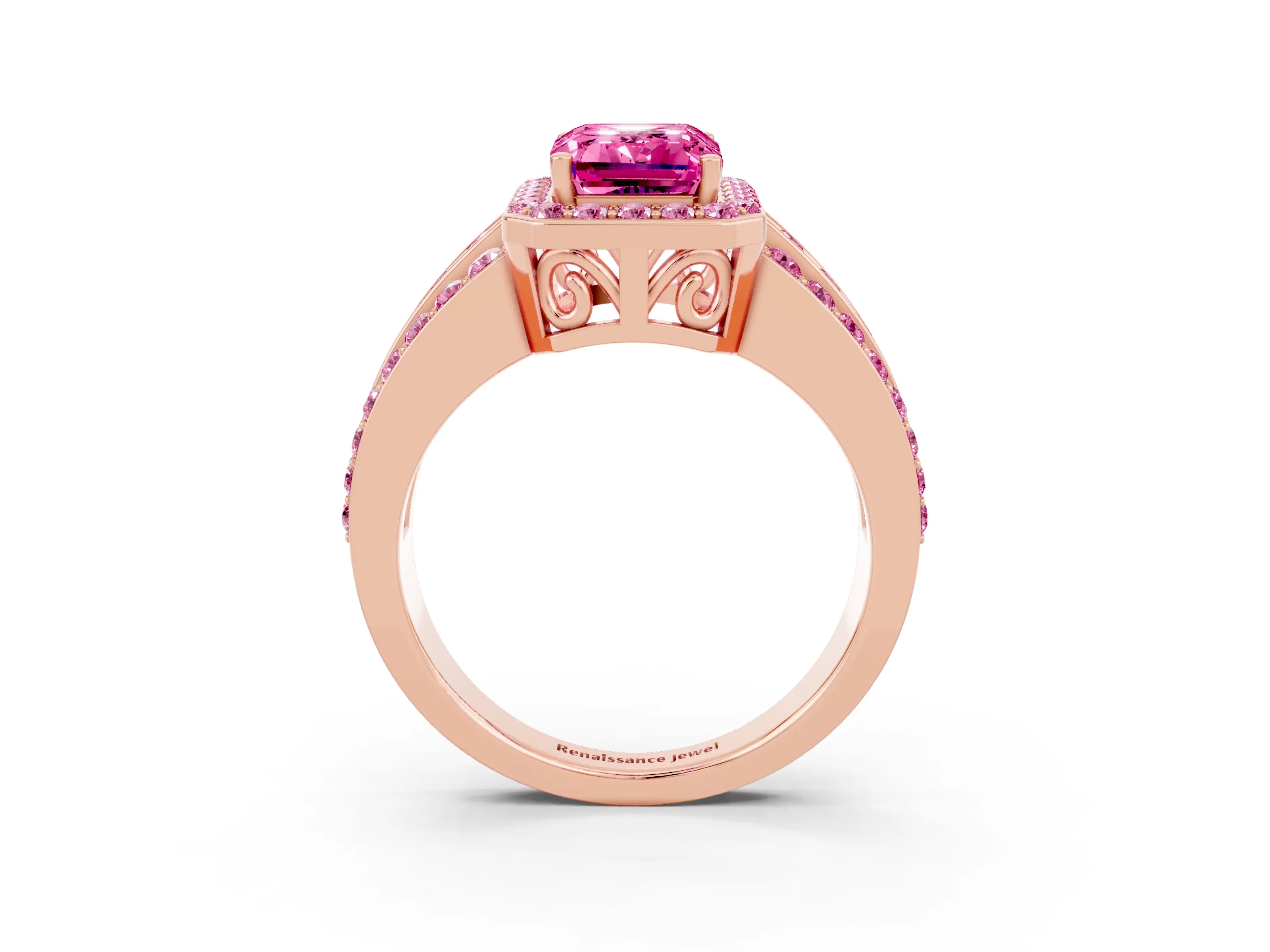 Rose gold Emerald Cut Halo Pink Sapphire Ring with Split Shank and Four-Prong Setting_3