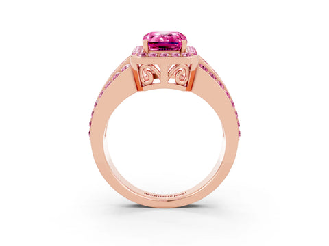 Rose gold Emerald Cut Halo Pink Sapphire Ring with Split Shank and Four-Prong Setting_3