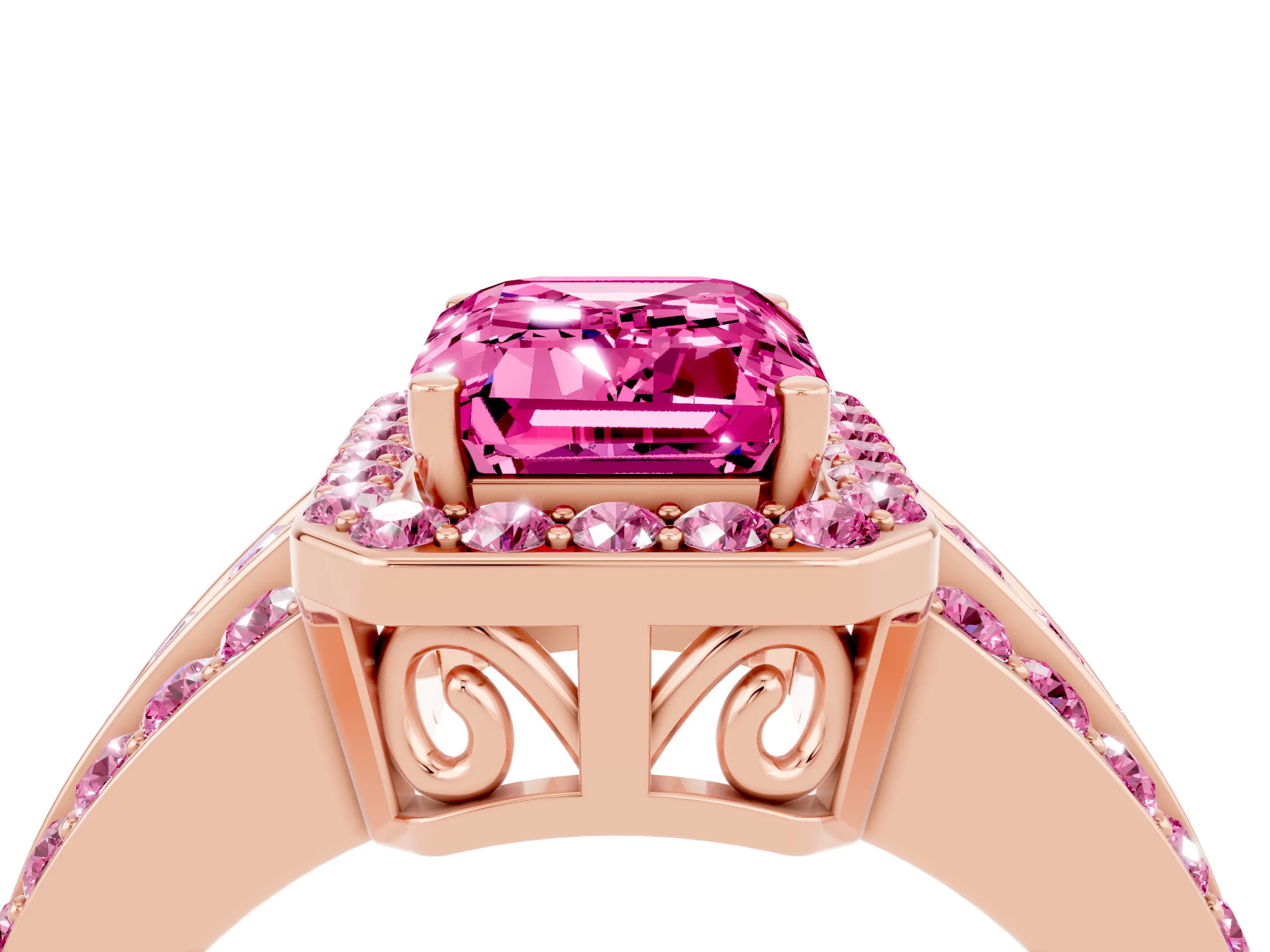 Rose gold Emerald Cut Halo Pink Sapphire Ring with Split Shank and Four-Prong Setting_4