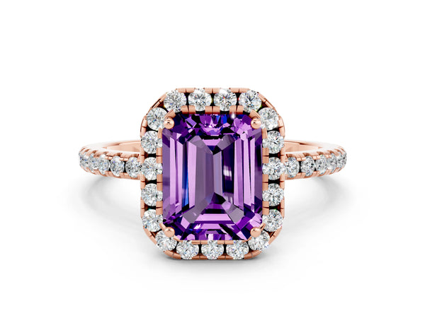 Rose gold Emerald Cut Amethyst Halo Ring with Round Pavé Band and Prong Setting