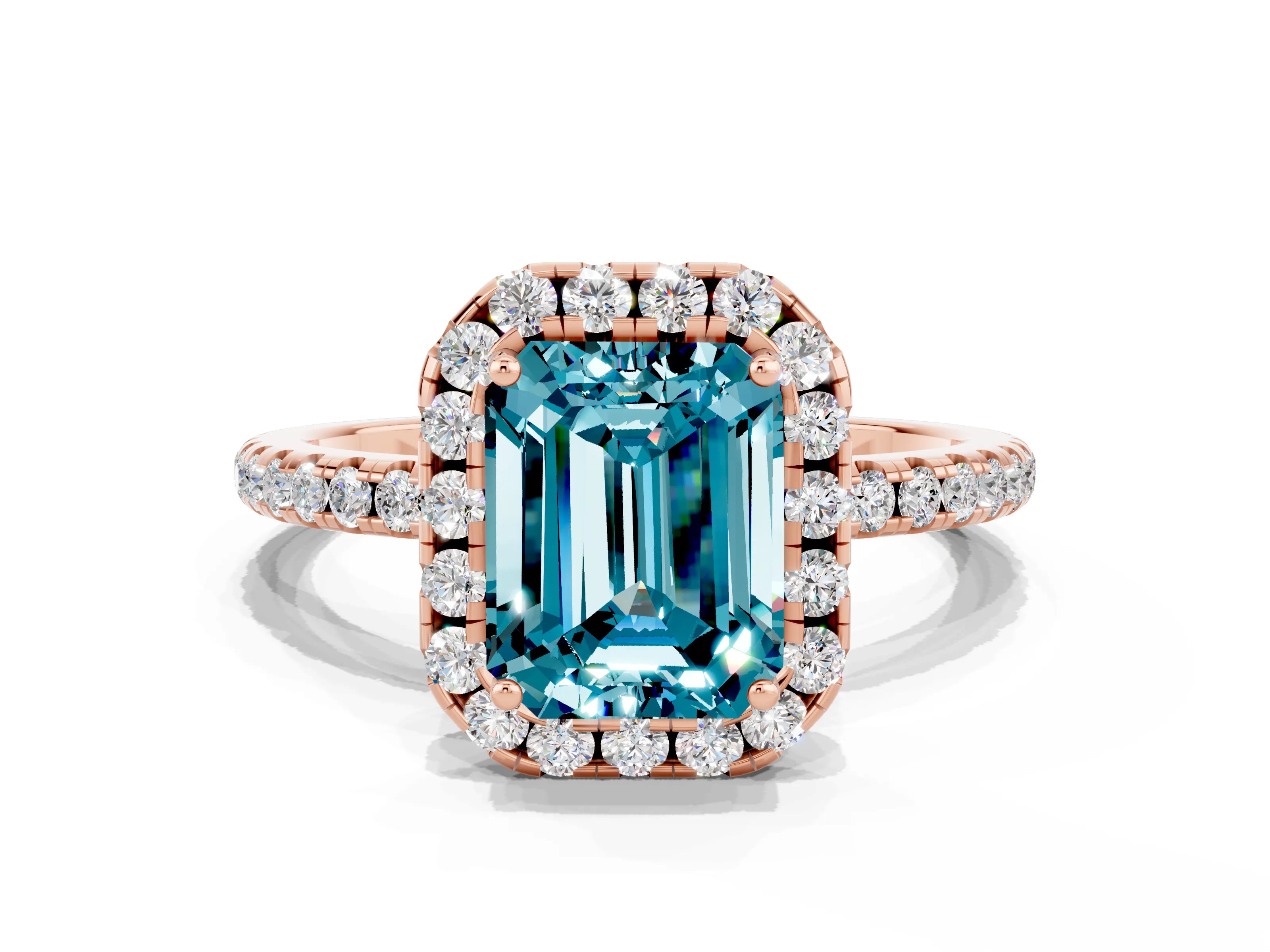 Rose gold Emerald Cut Halo Round Diamond Pavé Band Four-Prong Ring