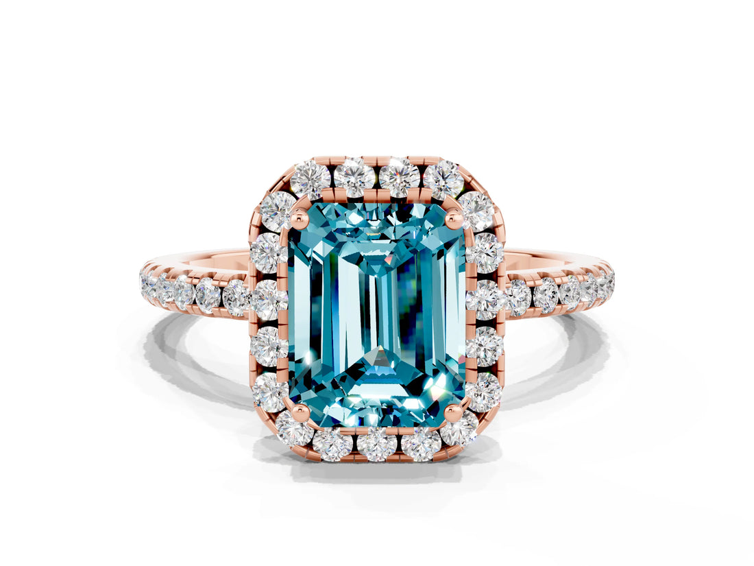 Rose gold Emerald Cut Halo Round Diamond Pavé Band Four-Prong Ring