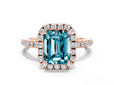 Rose gold Emerald Cut Halo Round Diamond Pavé Band Four-Prong Ring