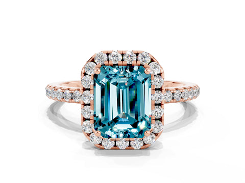 Rose gold Emerald Cut Halo Round Diamond Pavé Band Four-Prong Ring