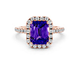 Rose gold Emerald Cut Halo Round Diamond Pavé Band Four-Prong Ring