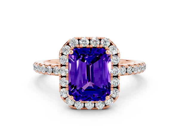 Rose gold Emerald Cut Tanzanite Halo Ring with Round Pavé Band and Prong Setting