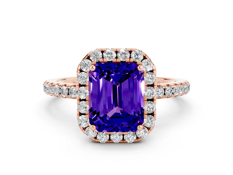 Rose gold Emerald Cut Halo Round Diamond Pavé Band Four-Prong Ring