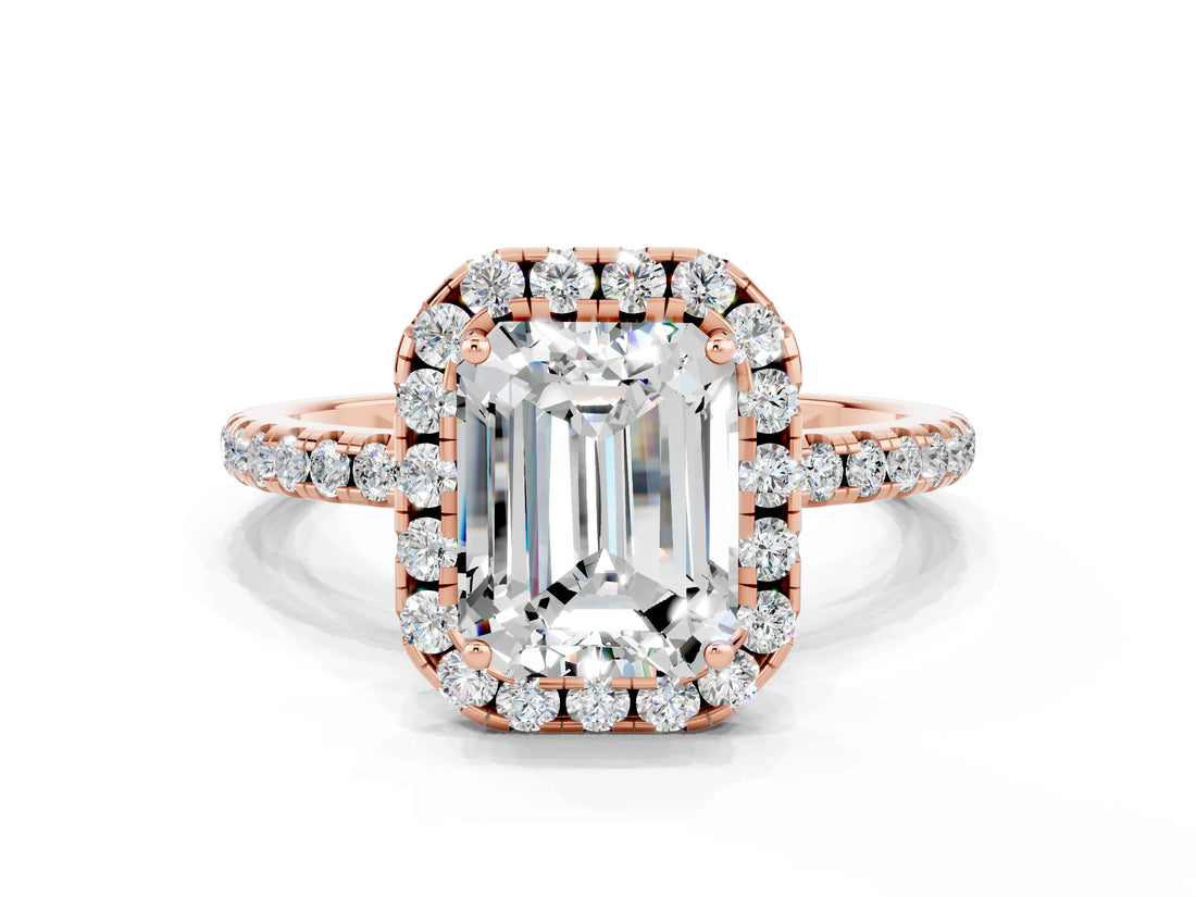 Rose gold Emerald Cut Halo Round Diamond Pavé Band Four-Prong Ring