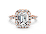 Rose gold Emerald Cut Halo Round Diamond Pavé Band Four-Prong Ring