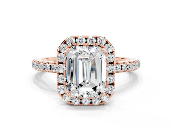 Rose gold Emerald Cut Moissanite Halo Ring with Round Pavé Band and Prong Setting