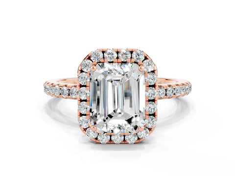 Rose gold Emerald Cut Halo Round Diamond Pavé Band Four-Prong Ring