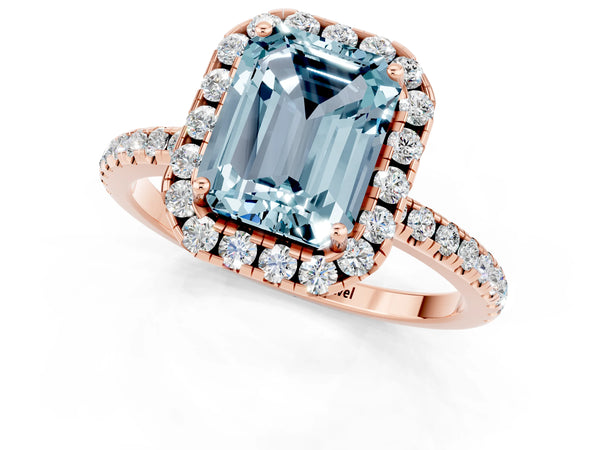 Rose gold Emerald Cut Aquamarine Halo Ring with Round Pavé Band and Prong Setting