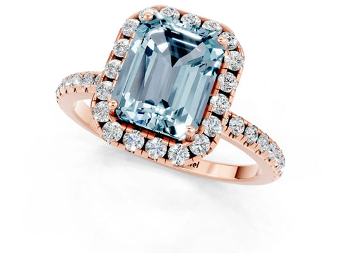 Rose gold Emerald Cut Halo Round Diamond Pavé Band Four-Prong Ring_1