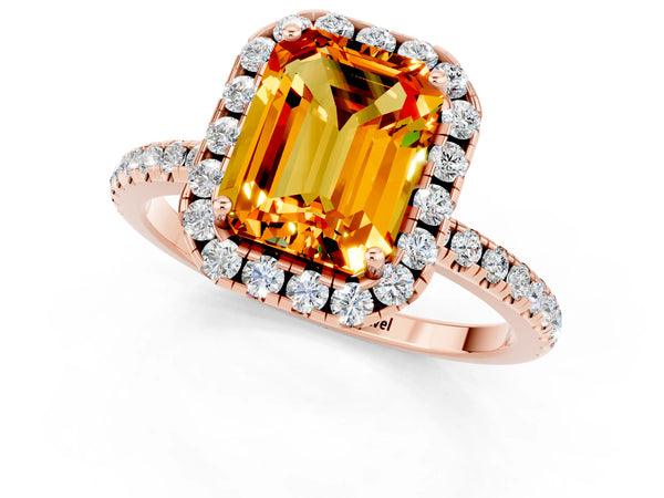 Rose gold Emerald Cut Citrine Halo Ring with Round Pavé Band and Prong Setting
