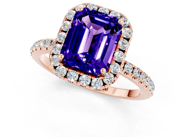 Rose gold Emerald Cut Tanzanite Halo Ring with Round Pavé Band and Prong Setting