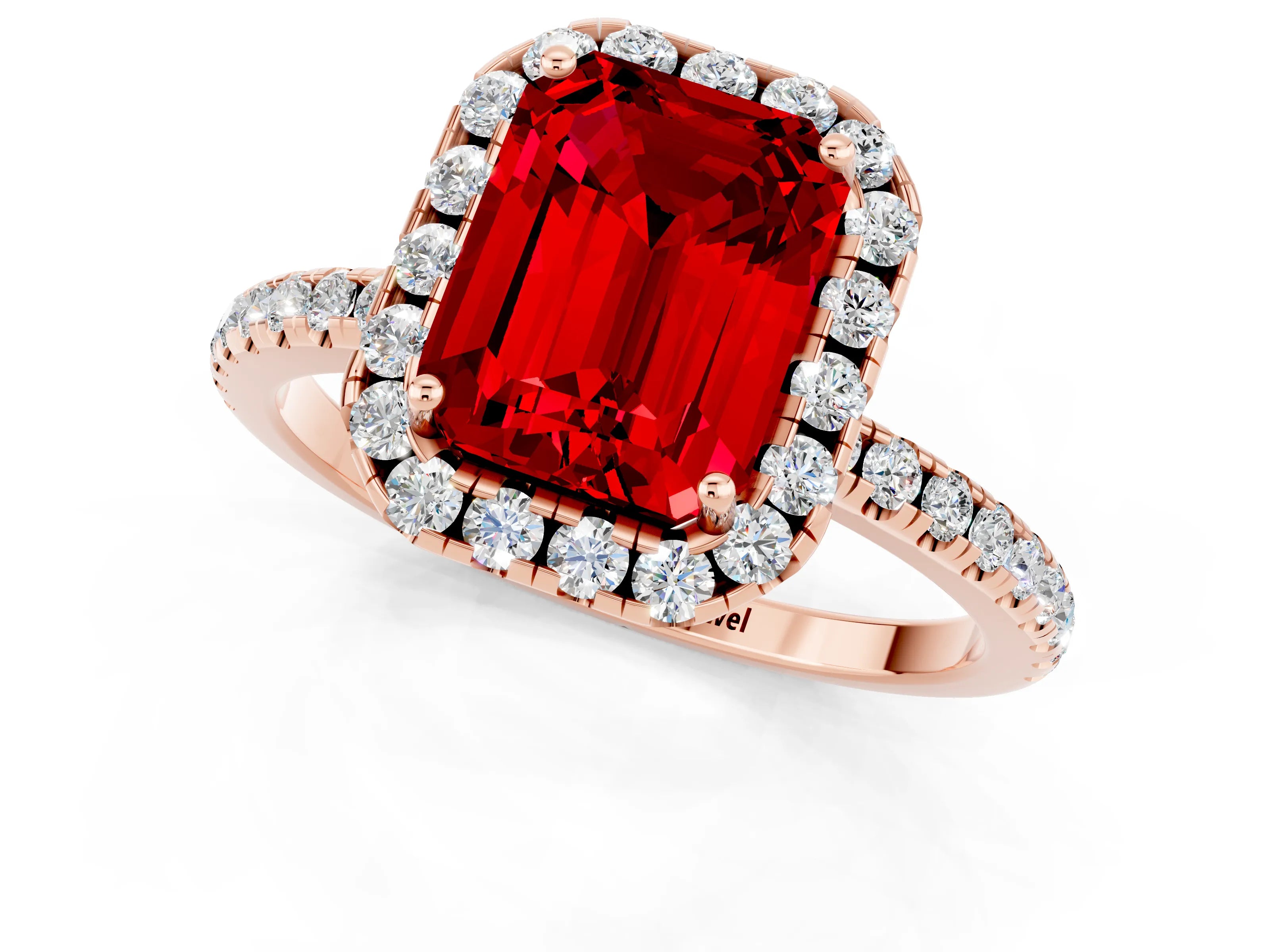 Rose gold Emerald Cut Halo Round Diamond Pavé Band Four-Prong Ring_1