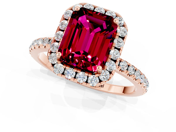 Rose gold Emerald Cut Garnet Halo Ring with Round Pavé Band and Prong Setting