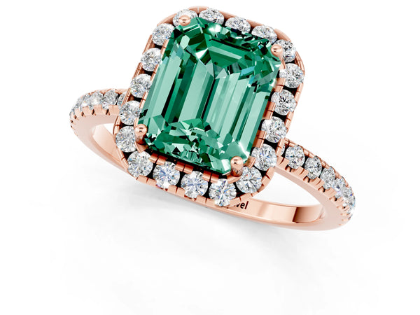 Rose gold Emerald Cut Green Sapphire Halo Ring with Round Pavé Band and Prong Setting
