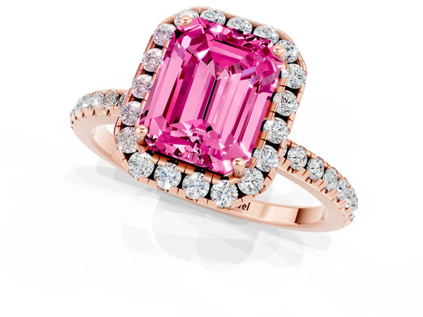 Rose gold Emerald Cut Pink Sapphire Halo Ring with Round Pavé Band and Prong Setting