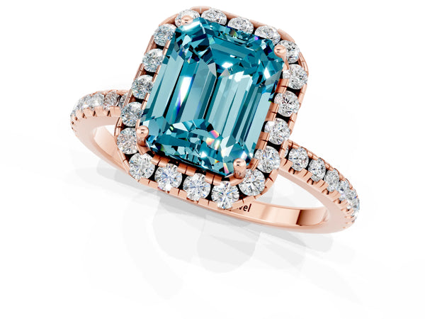 Rose gold Emerald Cut Halo Round Diamond Pavé Band Four-Prong Ring