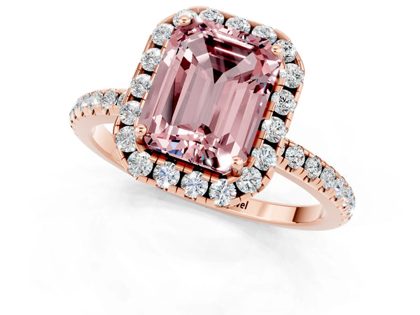 Rose gold Emerald Cut Halo Round Diamond Pavé Band Four-Prong Ring