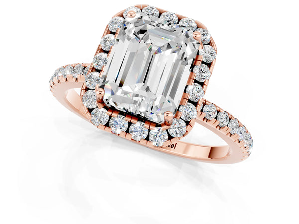 Rose gold Emerald Cut Moissanite Halo Ring with Round Pavé Band and Prong Setting