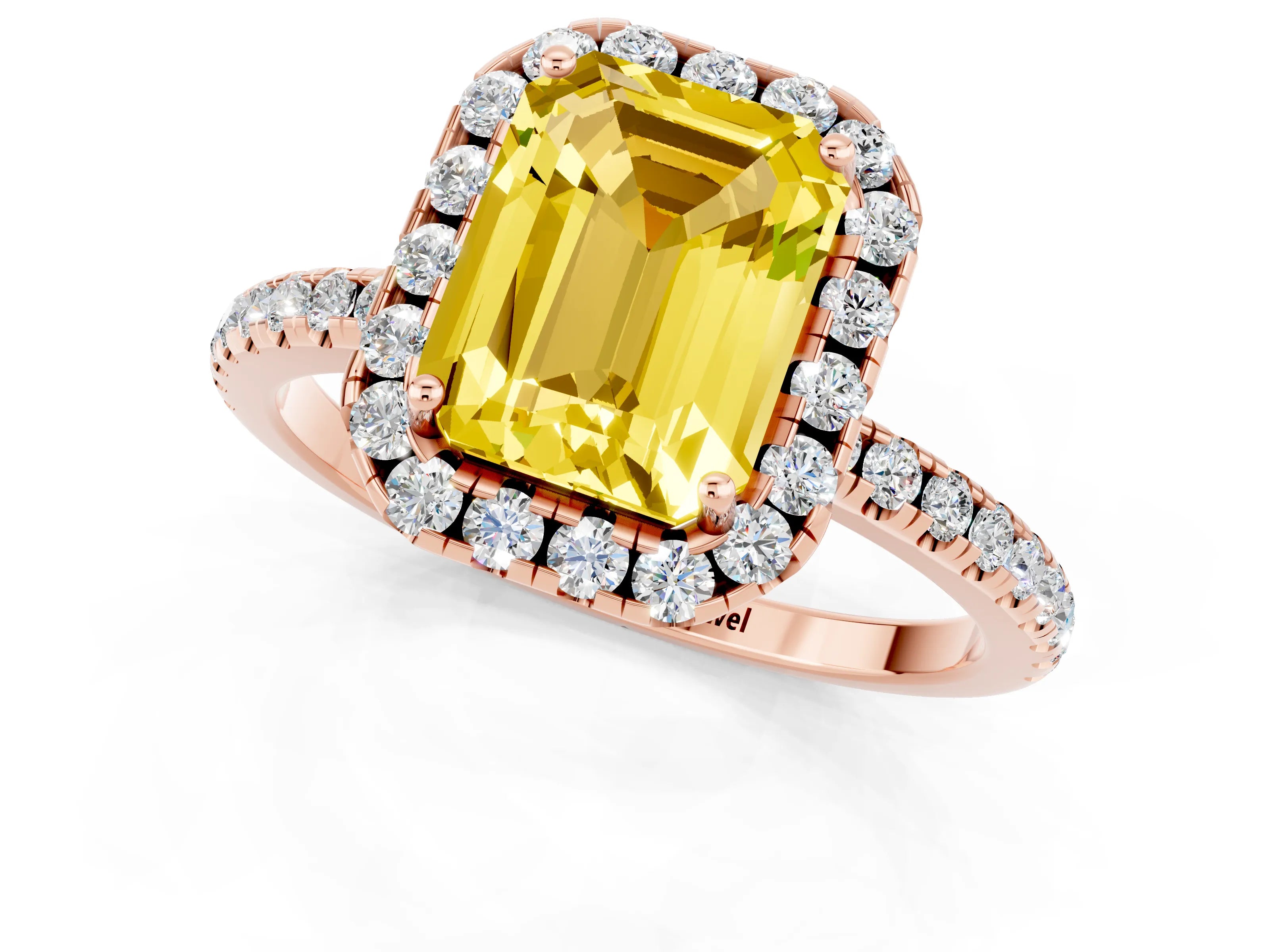 Rose gold Emerald Cut Halo Round Diamond Pavé Band Four-Prong Ring_1